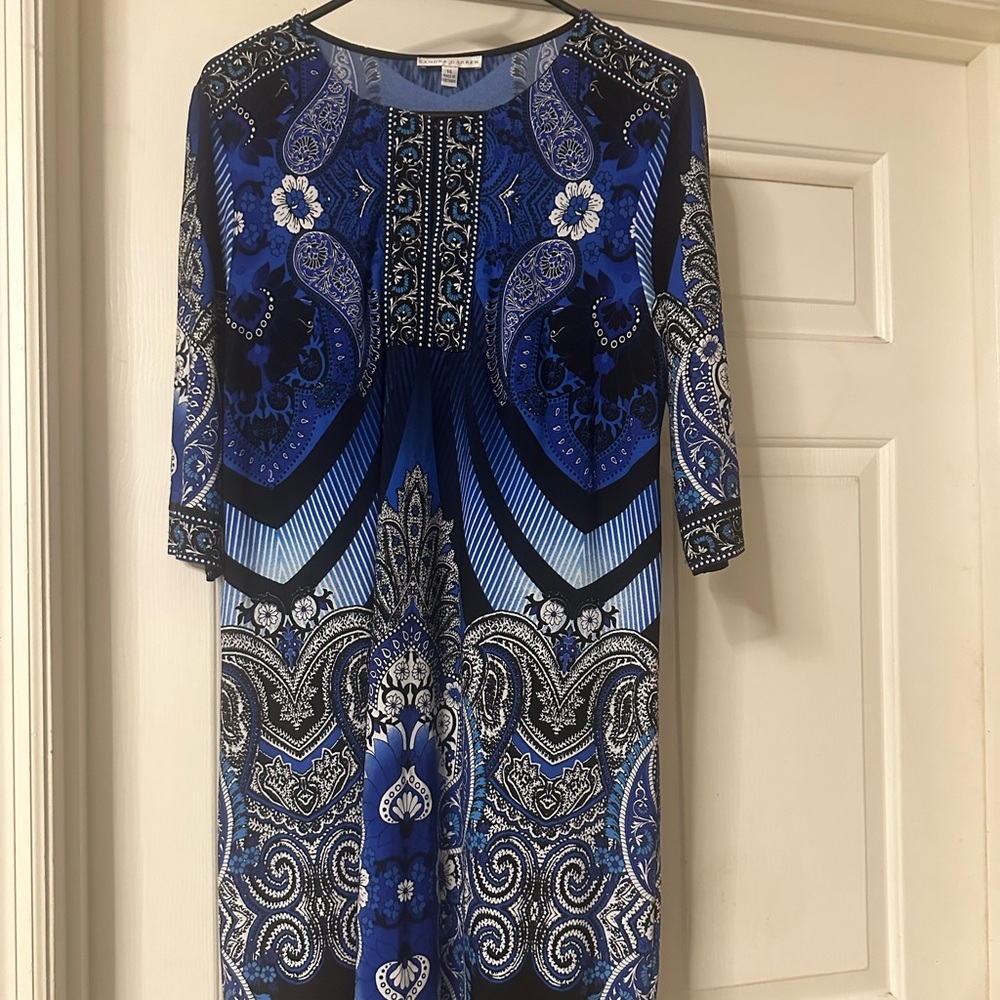 Blue, white and black dress.
